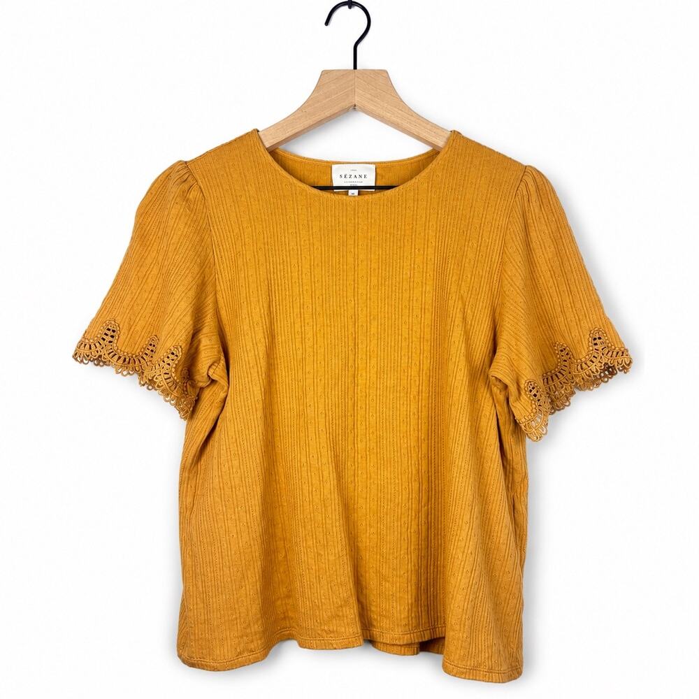 Sézane Cotton Lace Trim Knit Top XL Mustard Yellow Short Sleeve Portugal